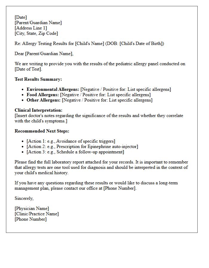 Pediatric Allergy Panel Testing Results Letter