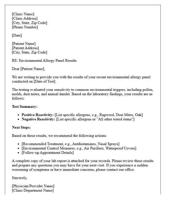 Environmental Allergy Panel Testing Results Letter
