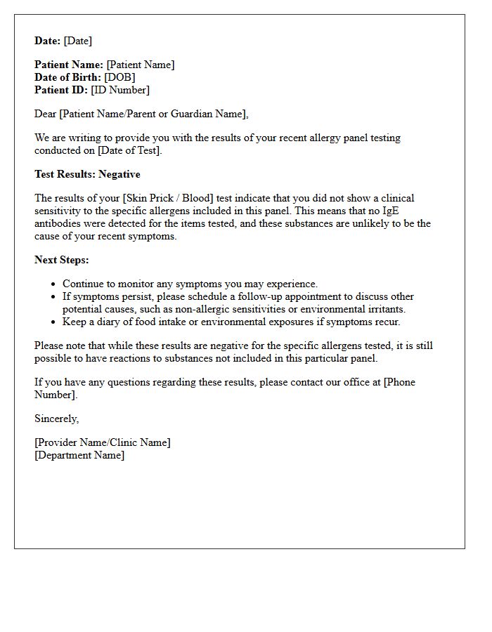 Negative Allergy Panel Testing Results Letter