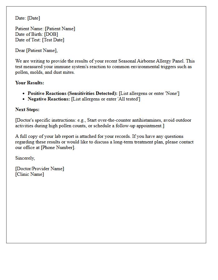 Seasonal Airborne Allergy Panel Testing Results Letter