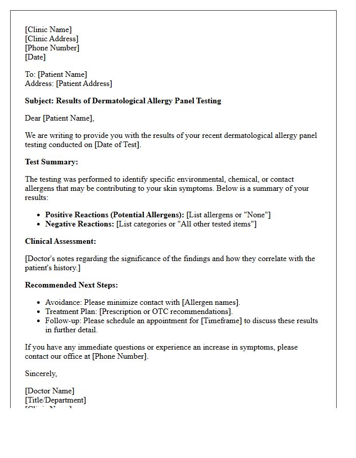 Dermatological Allergy Panel Testing Results Letter