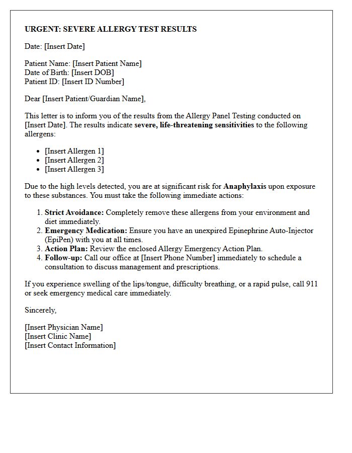 Urgent Severe Allergy Panel Testing Results Letter
