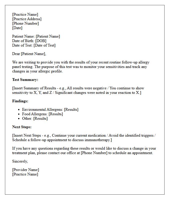 Routine Follow Up Allergy Panel Testing Results Letter