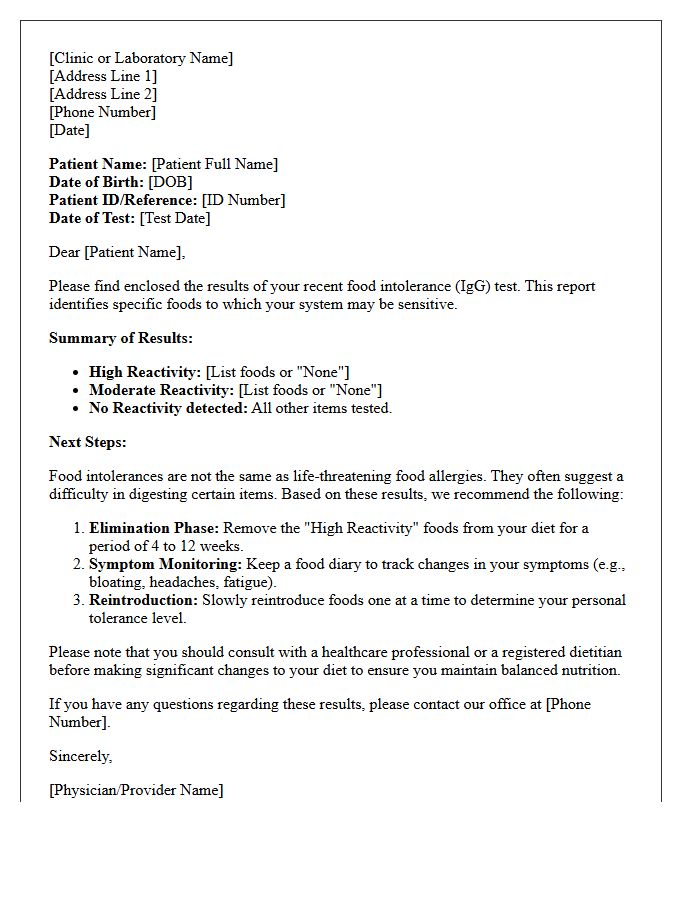 Standard Food Intolerance Test Results Letter