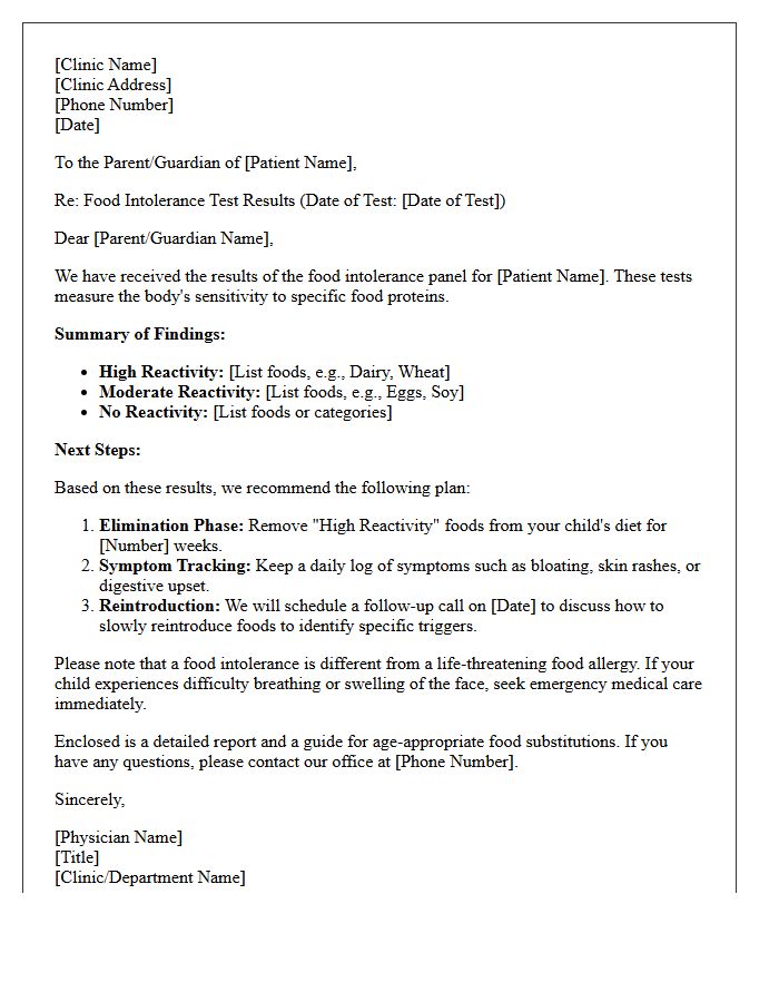 Pediatric Food Intolerance Test Results Letter
