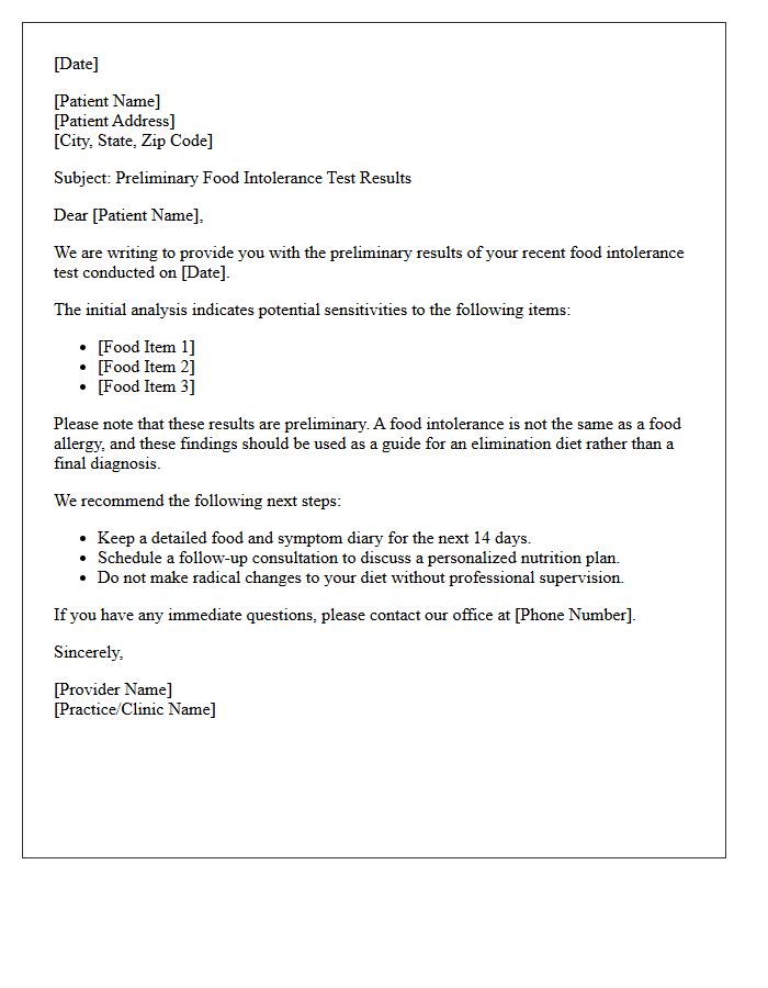 Preliminary Food Intolerance Test Results Letter