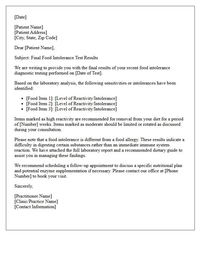 Final Diagnostic Food Intolerance Test Results Letter