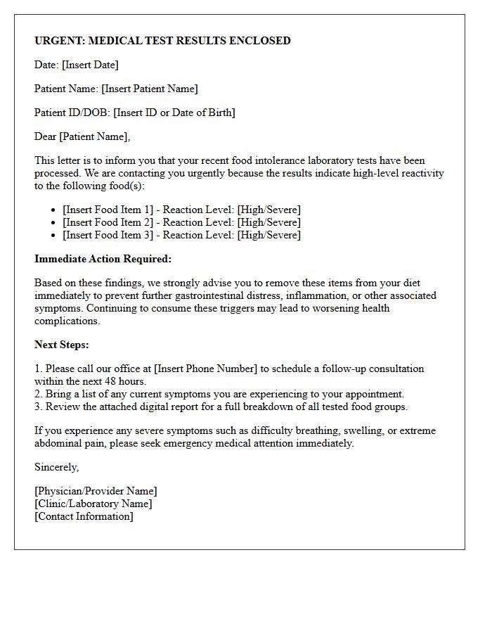 Urgent Medical Food Intolerance Test Results Letter