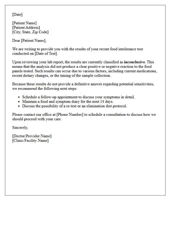Inconclusive Food Intolerance Test Results Letter
