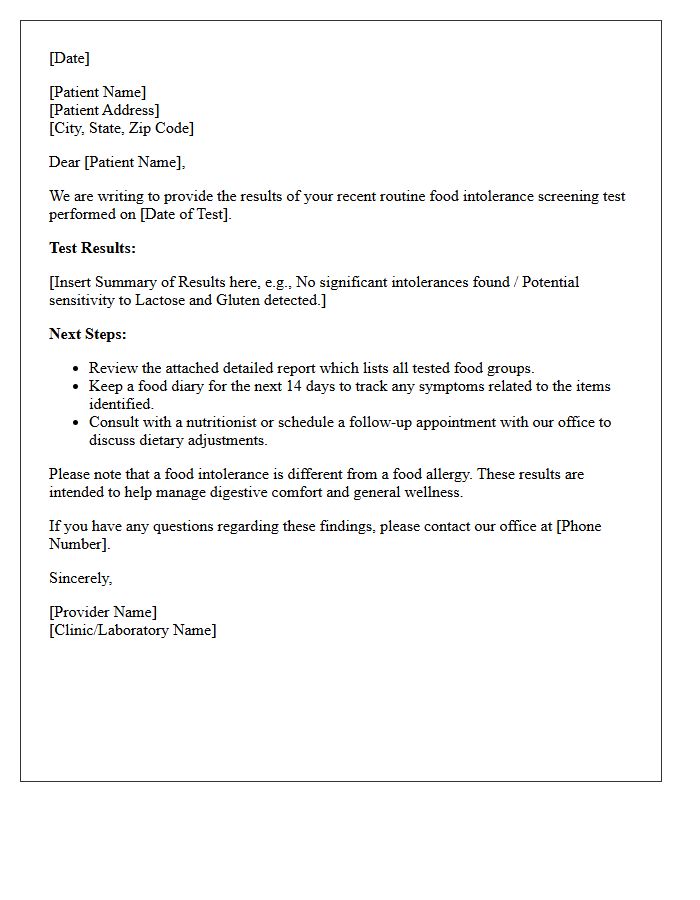 Routine Screening Food Intolerance Test Results Letter