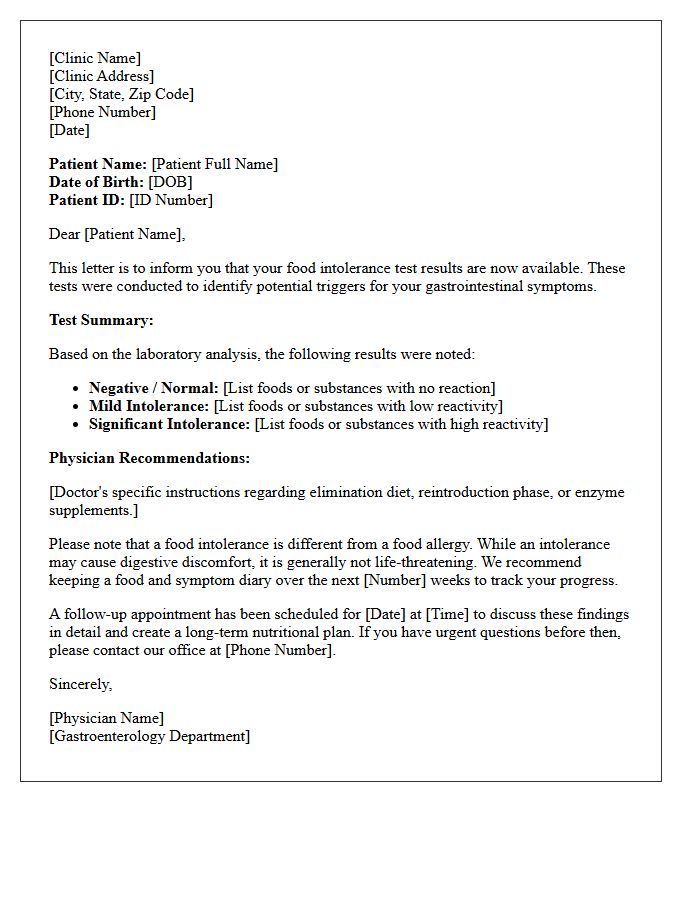 Gastroenterology Food Intolerance Test Results Letter