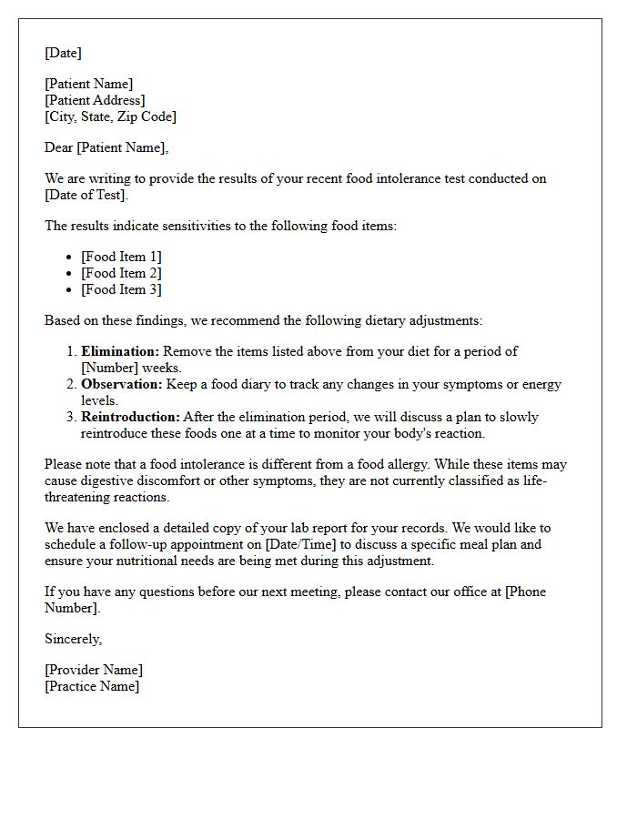 Dietary Adjustment Food Intolerance Test Results Letter