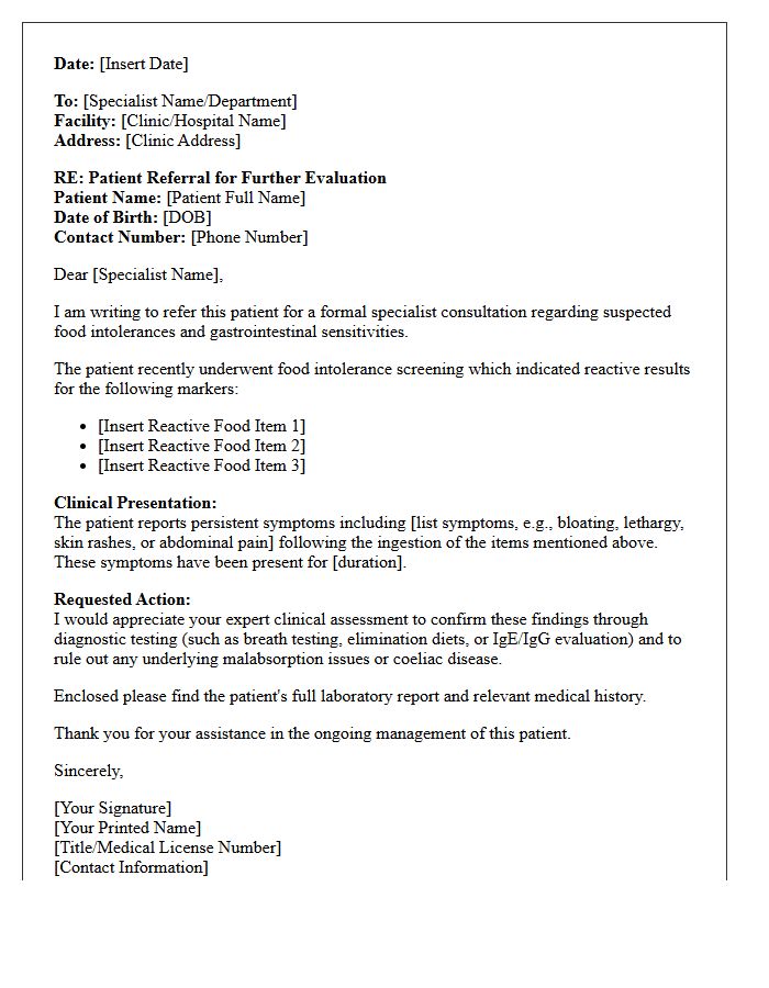 Specialist Referral Food Intolerance Test Results Letter