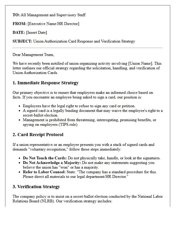 Union Authorization Card Response and Verification Strategy Letter
