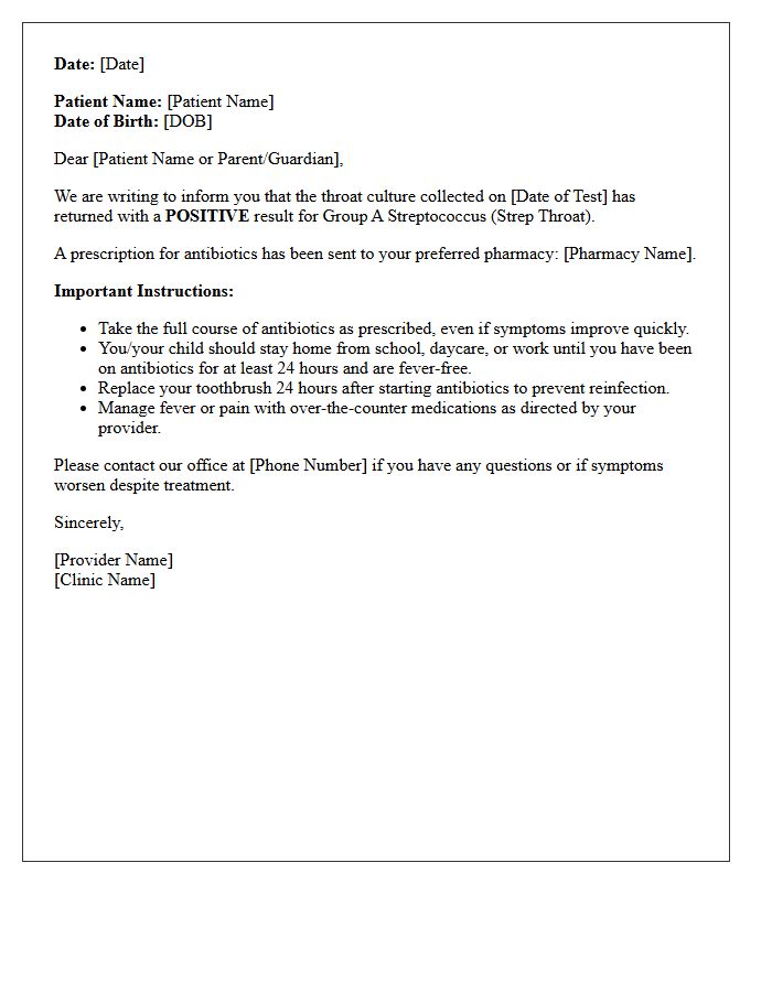 Positive Strep Throat Culture Results Letter