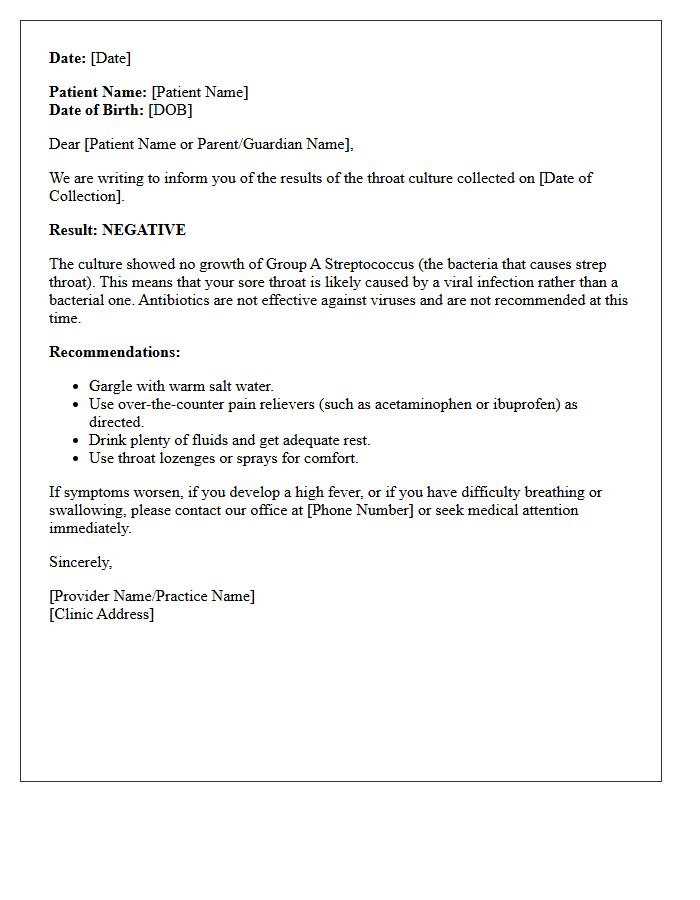Negative Strep Throat Culture Results Letter