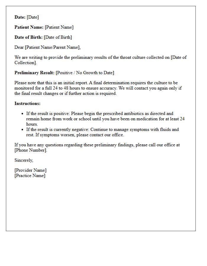 Preliminary Strep Throat Culture Results Letter