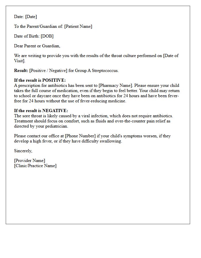 Pediatric Strep Throat Culture Results Letter