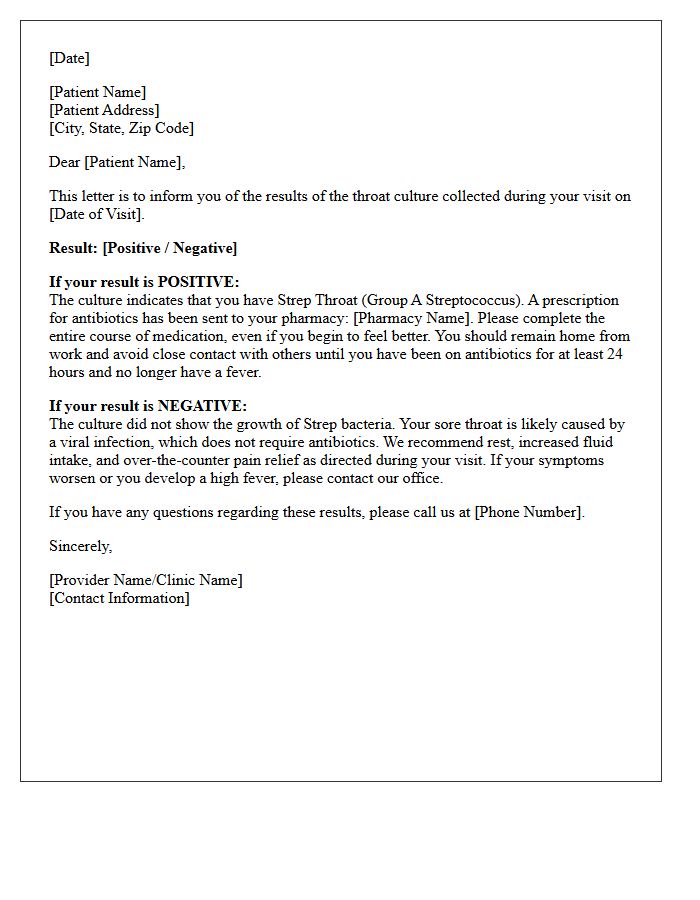 Adult Strep Throat Culture Results Letter