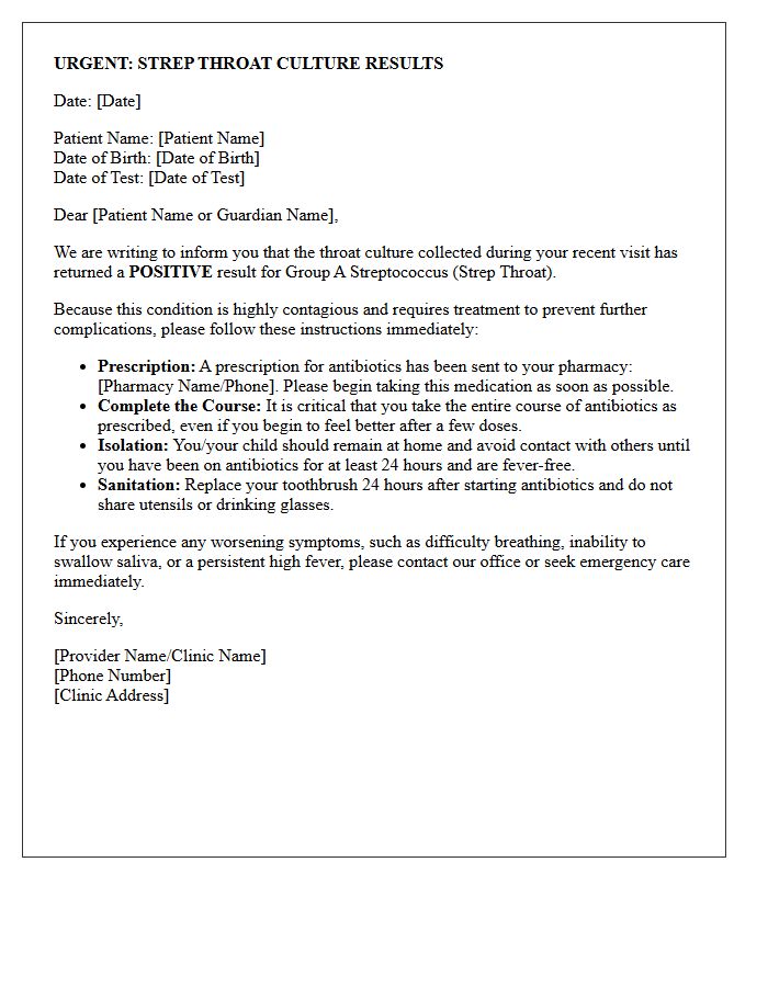 Urgent Strep Throat Culture Results Letter