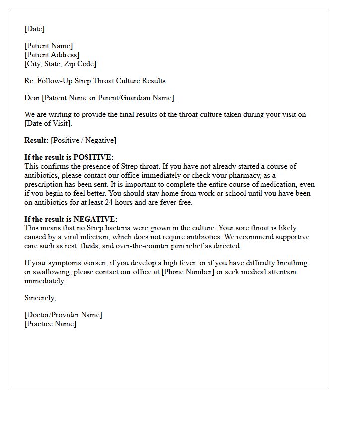 Follow-Up Strep Throat Culture Results Letter