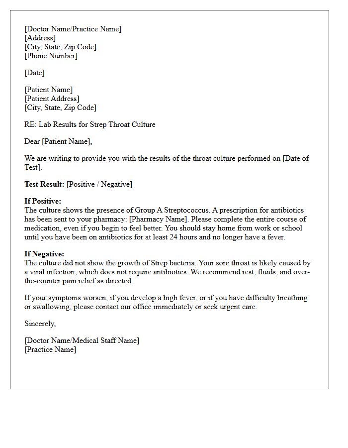 Standard Patient Strep Throat Culture Results Letter