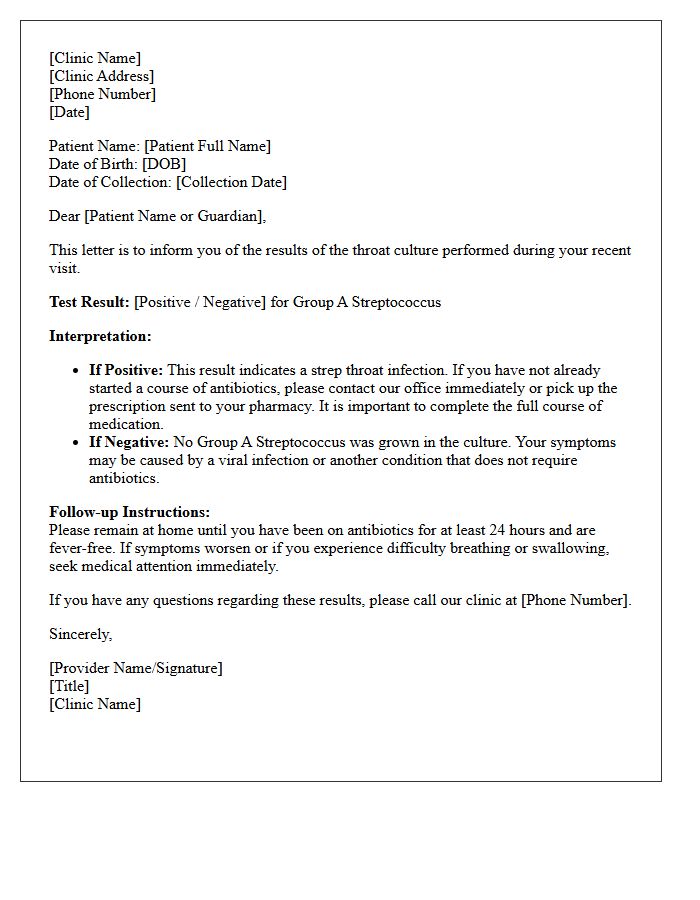 Official Clinic Strep Throat Culture Results Letter