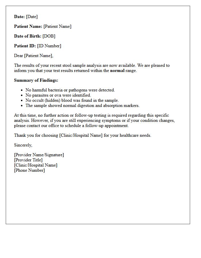 Normal Stool Sample Analysis Results Letter