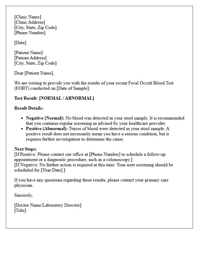 Fecal Occult Blood Stool Sample Analysis Results Letter
