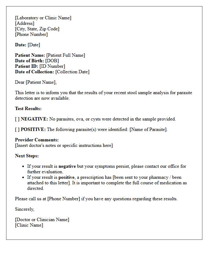Parasite Detection Stool Sample Analysis Results Letter