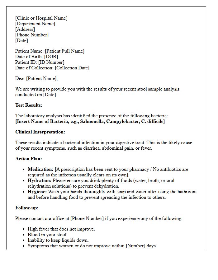 Bacterial Infection Stool Sample Analysis Results Letter