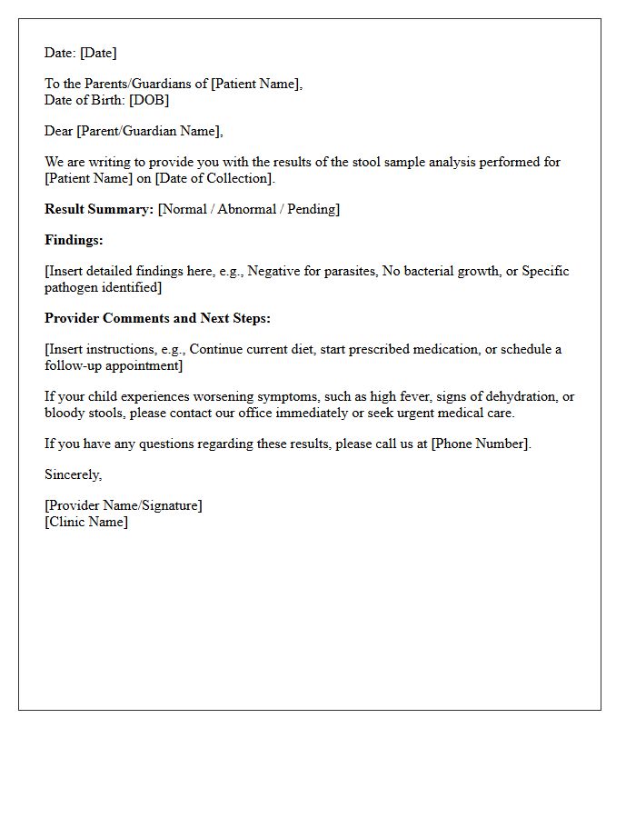 Pediatric Patient Stool Sample Analysis Results Letter