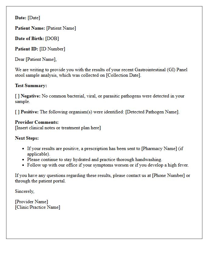 Gastrointestinal Panel Stool Sample Analysis Results Letter
