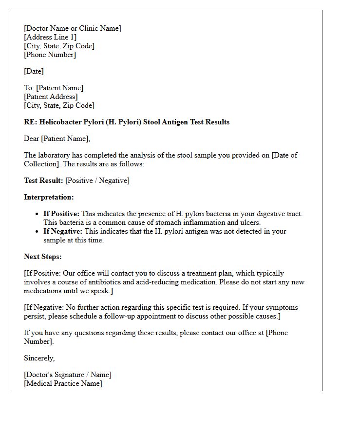 Helicobacter Pylori Stool Sample Analysis Results Letter