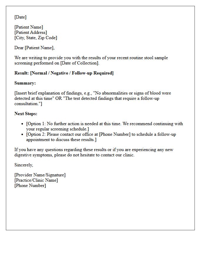 Routine Screening Stool Sample Analysis Results Letter