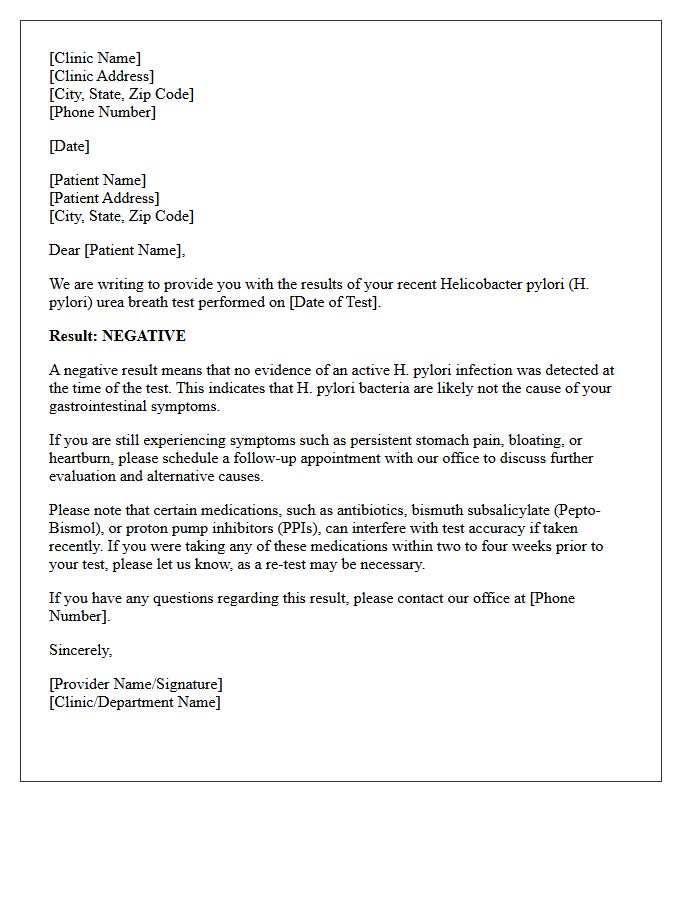 Negative Helicobacter Pylori Breath Test Result Letter