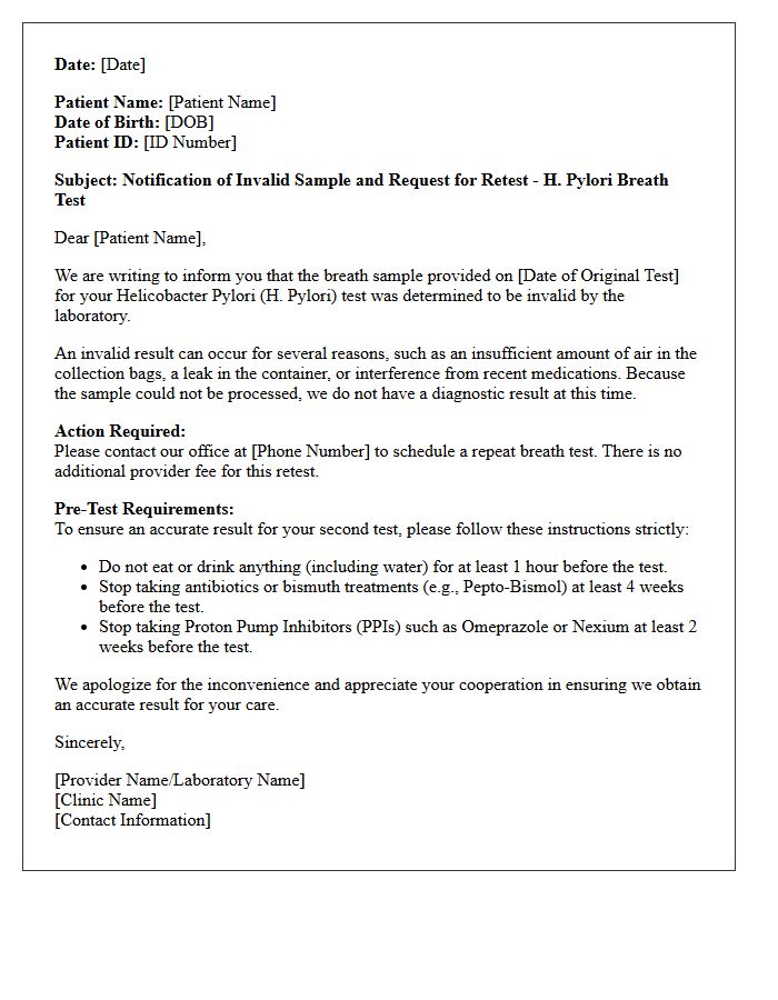 Invalid Sample and Retest Request for Helicobacter Pylori Breath Test Letter