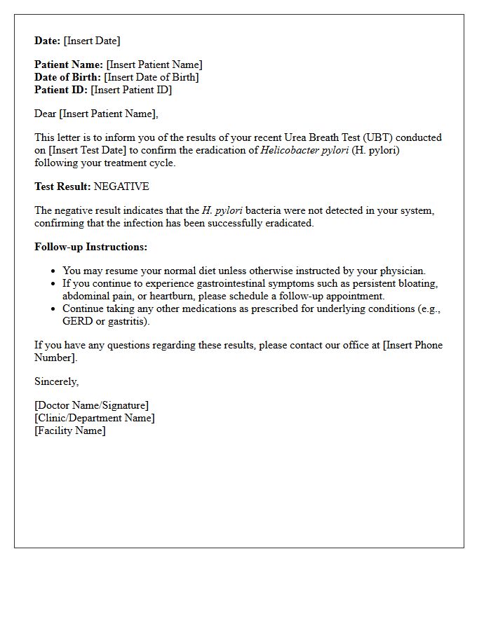 Helicobacter Pylori Breath Test Eradication Confirmation Letter