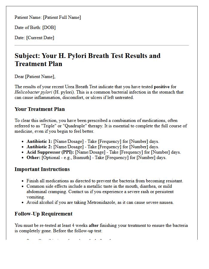 Positive Helicobacter Pylori Breath Test With Treatment Plan Letter