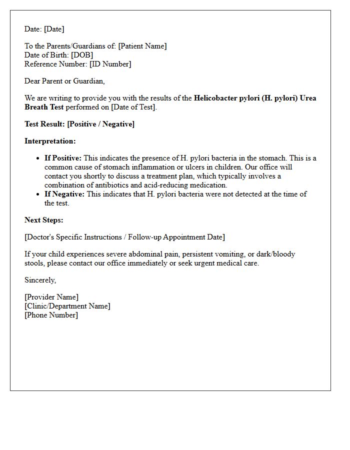 Pediatric Helicobacter Pylori Breath Test Result Letter