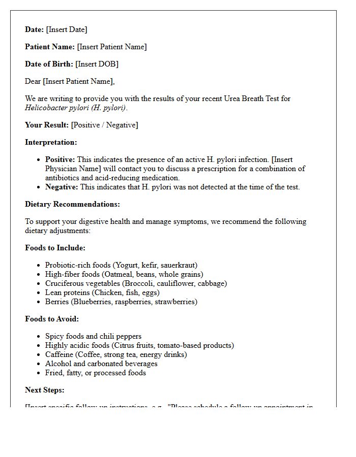 Helicobacter Pylori Breath Test Result With Dietary Recommendations Letter