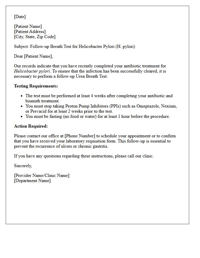 Post-Treatment Helicobacter Pylori Breath Test Follow-Up Letter