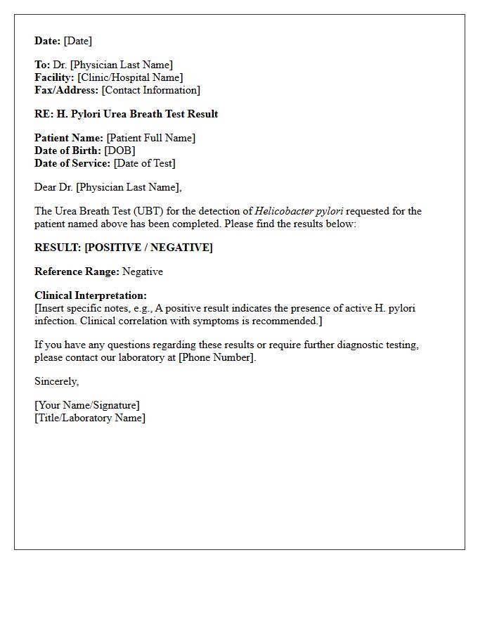 Helicobacter Pylori Breath Test Result Notice for Referring Physician Letter