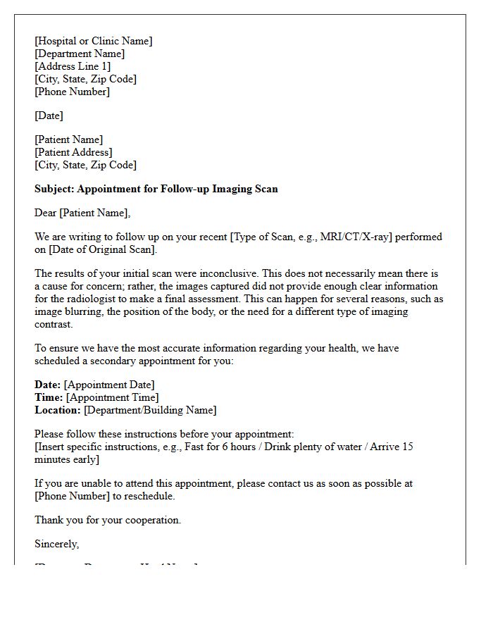 Inconclusive Imaging Scan Secondary Appointment Letter