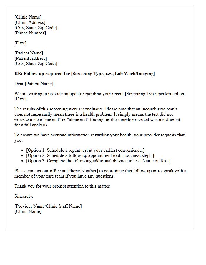 Primary Care Inconclusive Screening Follow-Up Letter