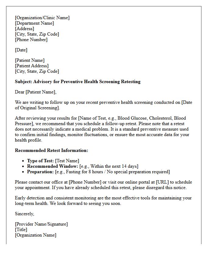 Preventive Health Screening Retesting Advisory Letter