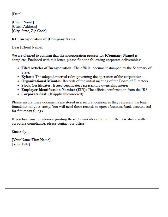Corporate Incorporation Letter Deliverables