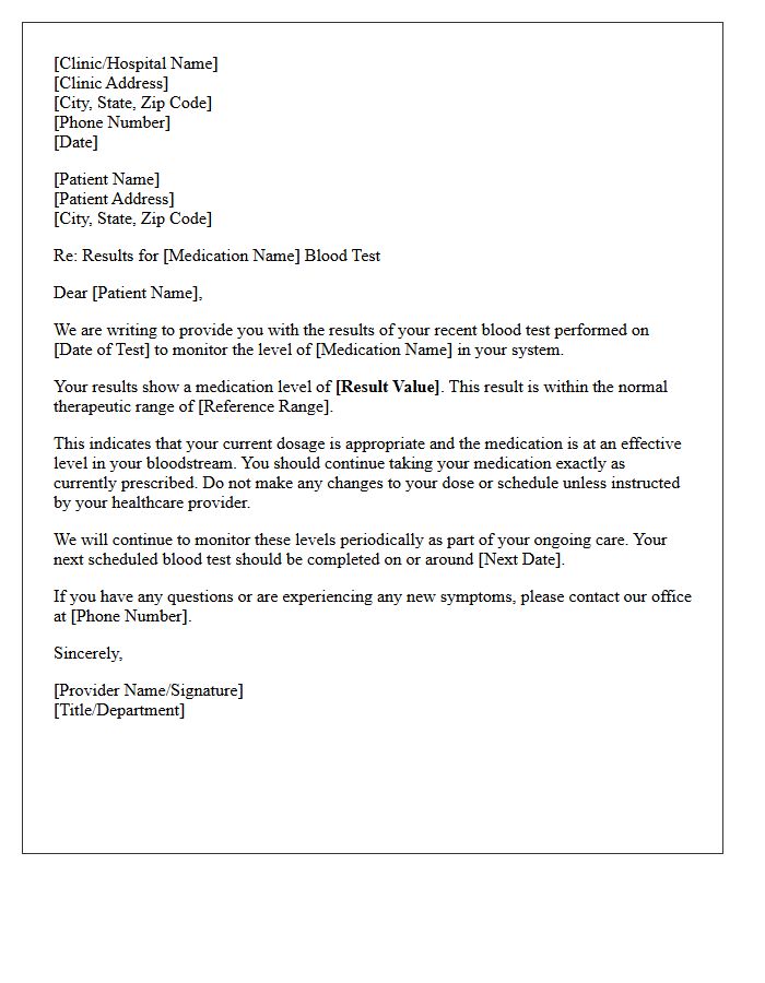 Normal Therapeutic Medication Level Monitoring Results Letter