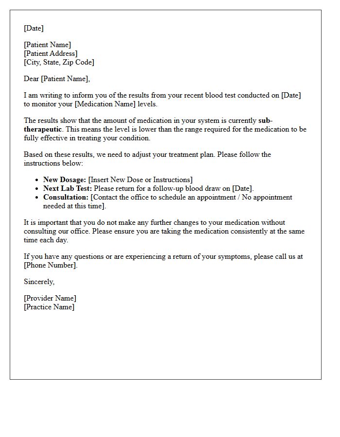 Sub-Therapeutic Medication Level Monitoring Results Letter