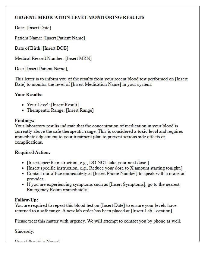 Toxic Range Medication Level Monitoring Results Letter